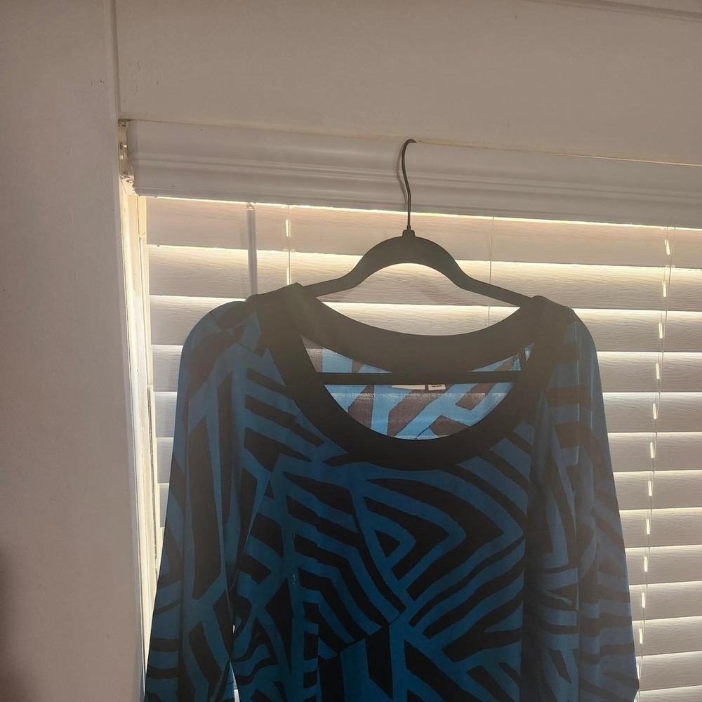 Cato Womens Blue Black Abstract Print 3/4 Sleeve Scoop Neck Top Blouse